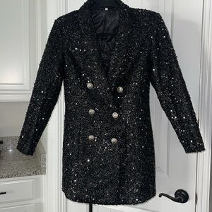 Betsy Moss Sequin Holiday Festive Party Oversized Blazer Black Silver Buttons S